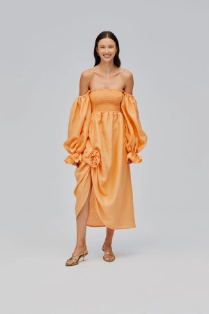 Atlanta Linen Dress with Rose Detail in Coral
