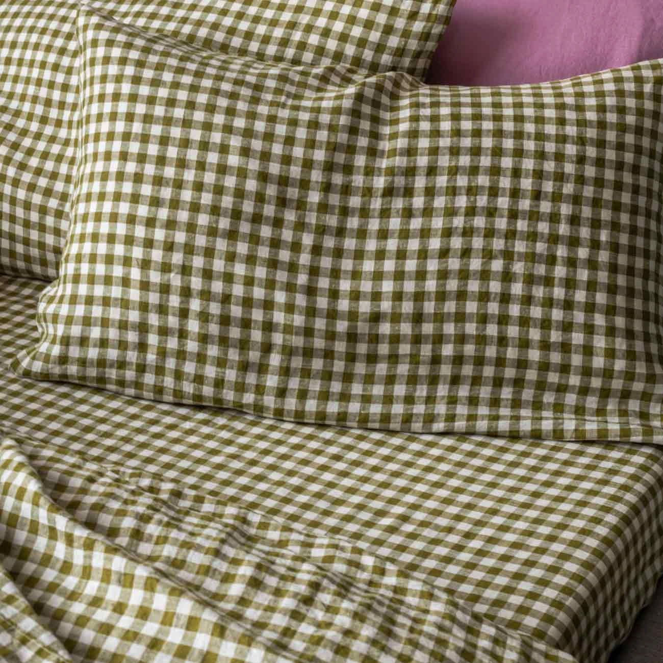 Botanical Green Gingham 100% Linen Fitted Sheet