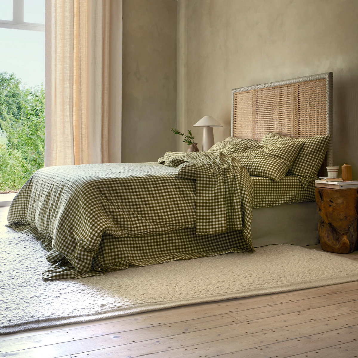 Botanical Green Gingham 100% Linen Flat Sheet