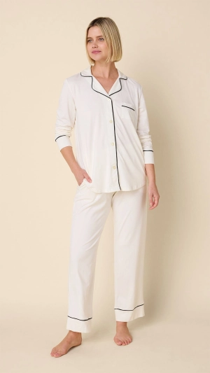 Classic Pima Knit Long-Sleeved Pajama - Ivory/Navy