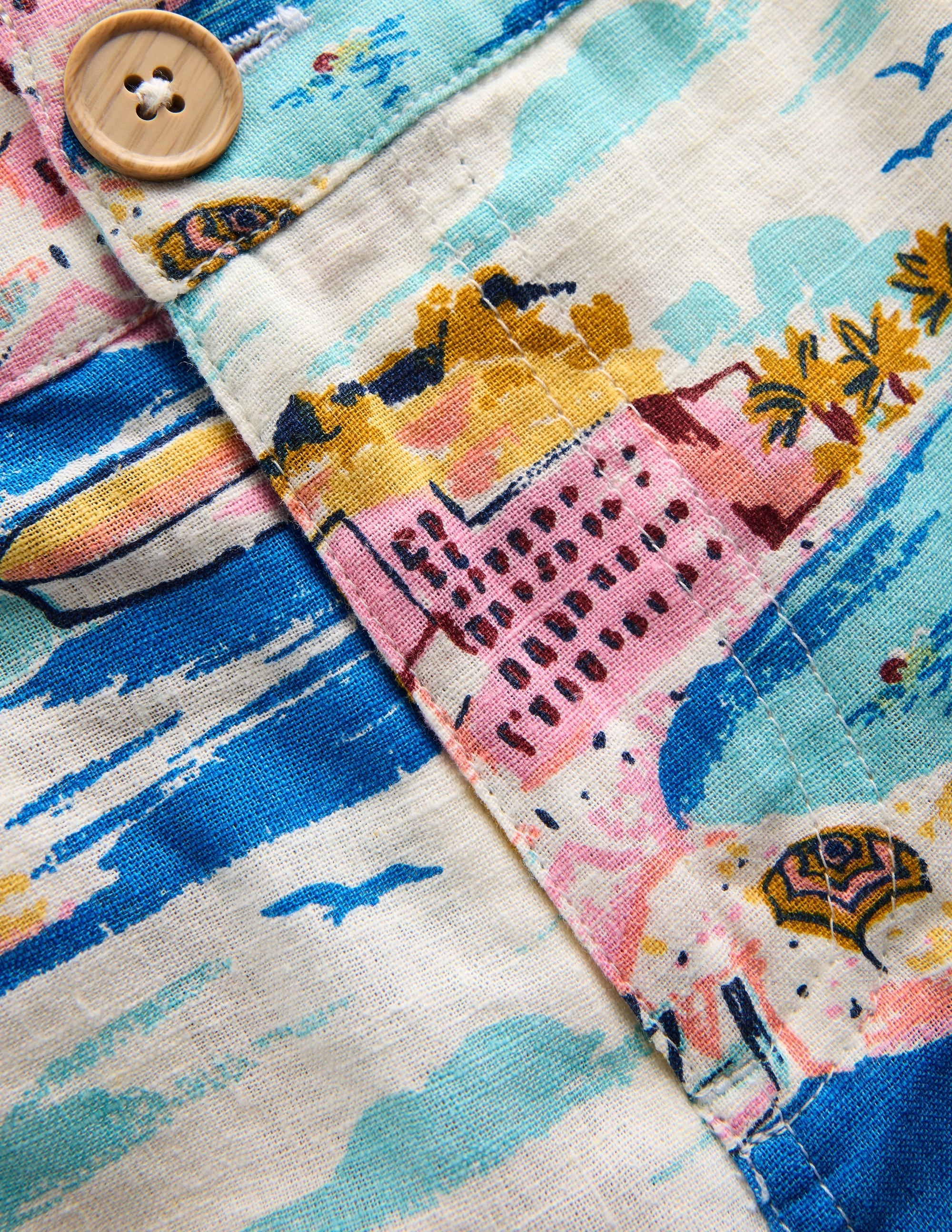 Cotton Linen Shorts-Multi Coastal Scene