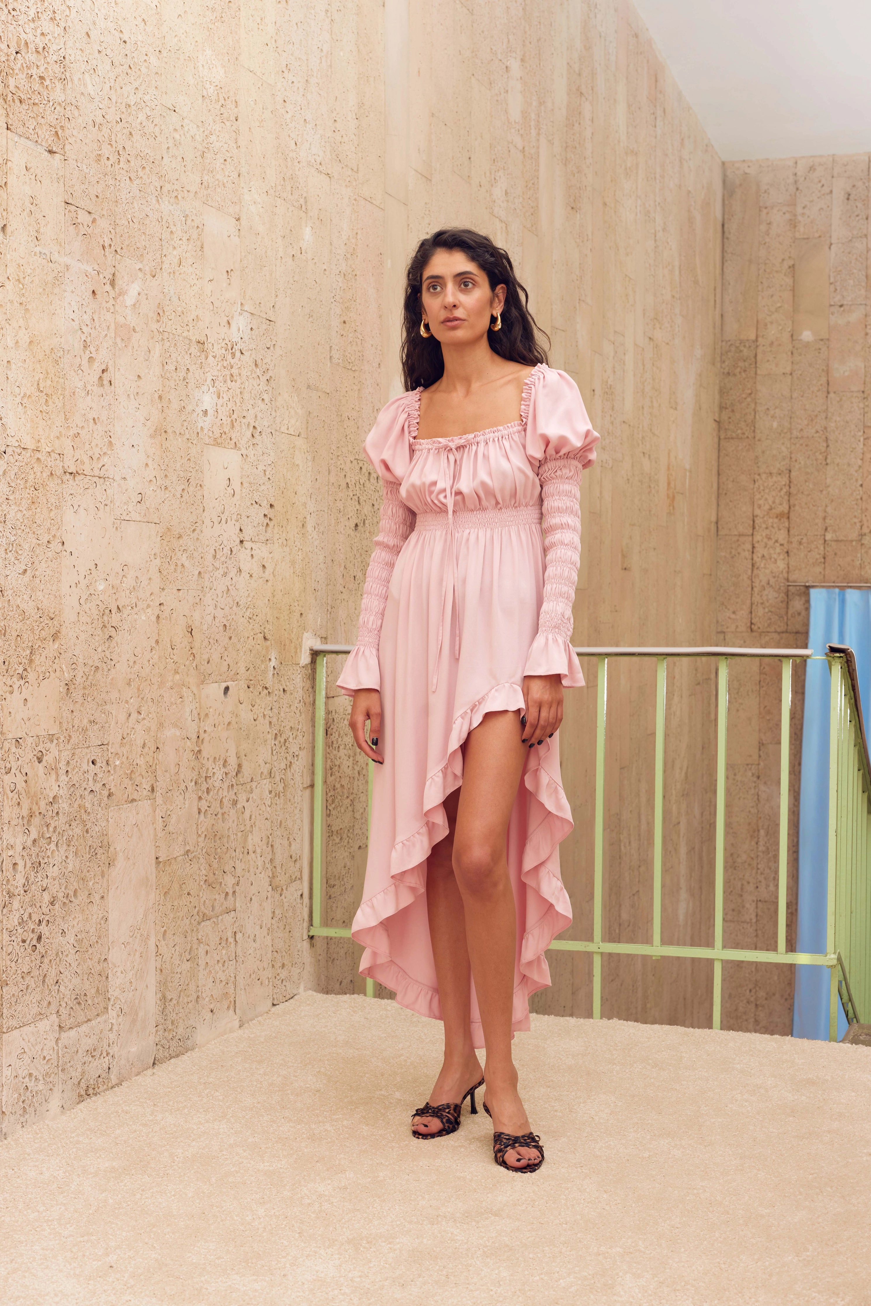 Juliette Shirred Asymmetric Dress in Pink