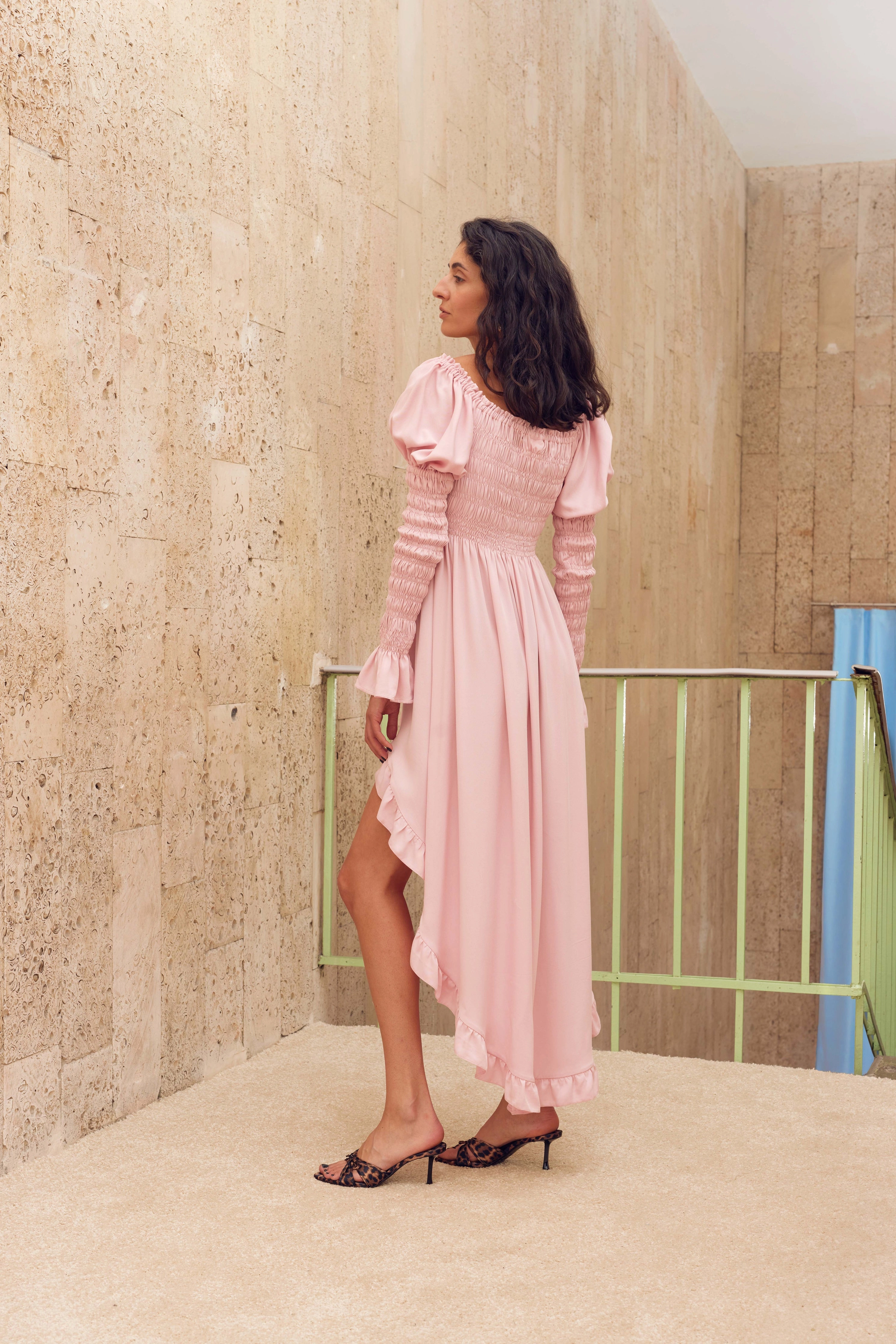 Juliette Shirred Asymmetric Dress in Pink