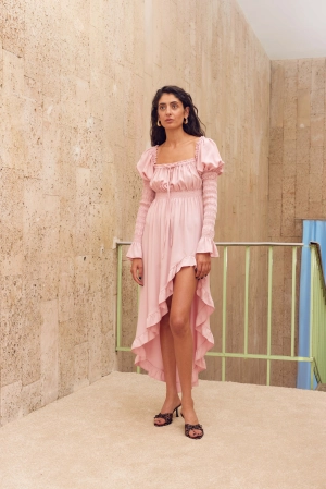 Juliette Shirred Asymmetric Dress in Pink