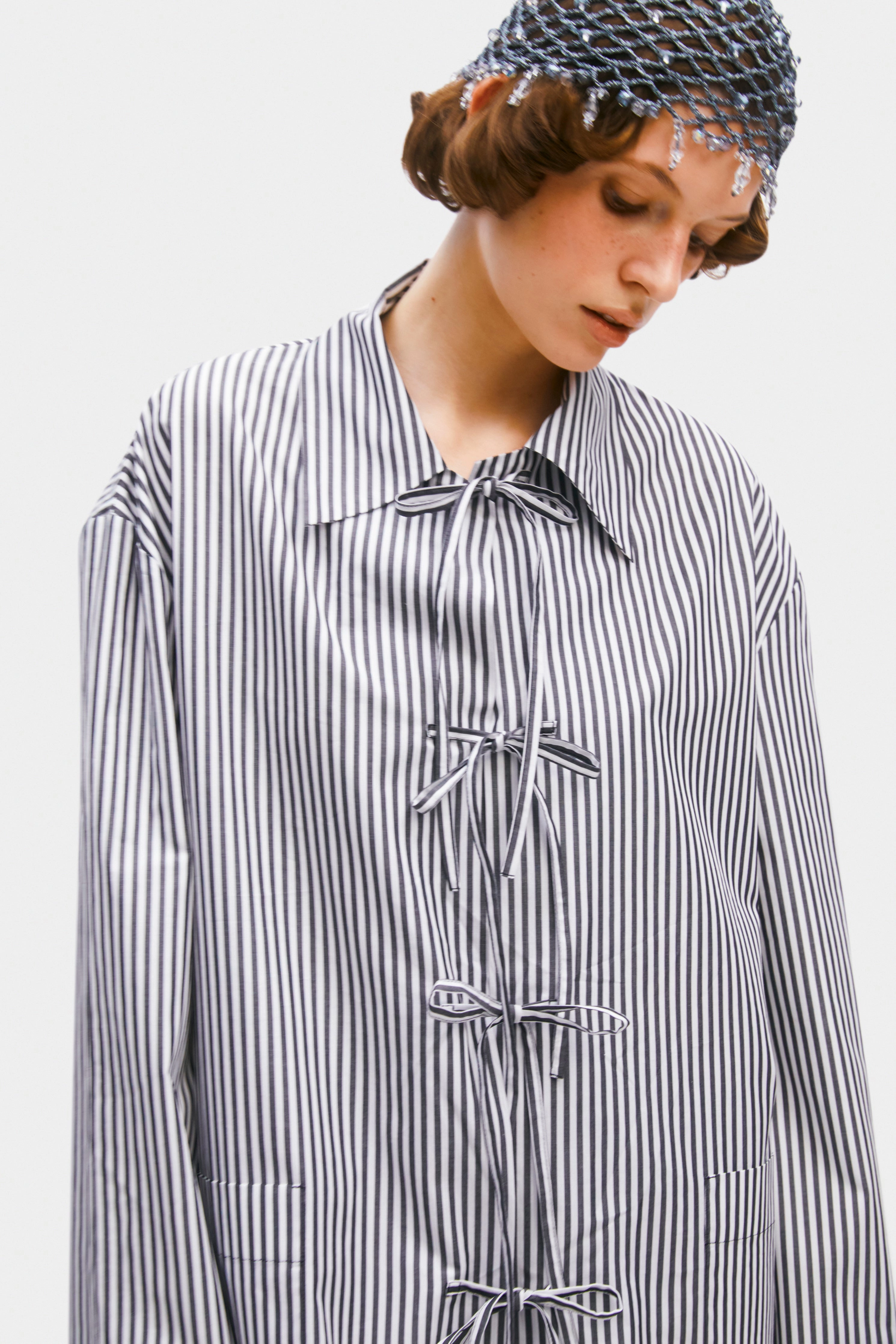 Lyra Cotton-Poplin Pajama Set in Black Stripes