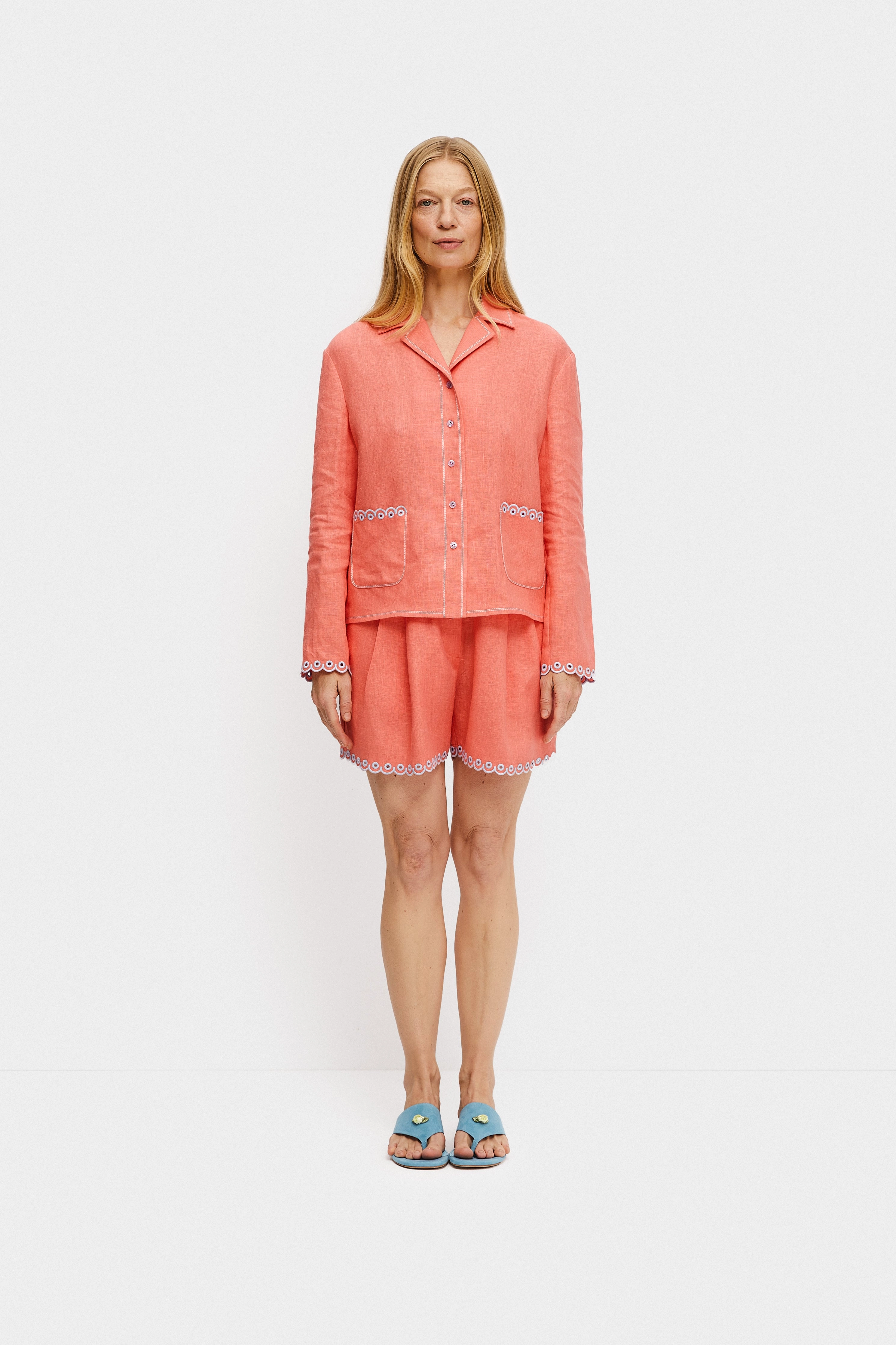 Petra Embroidered Linen Shorts in Strawberry