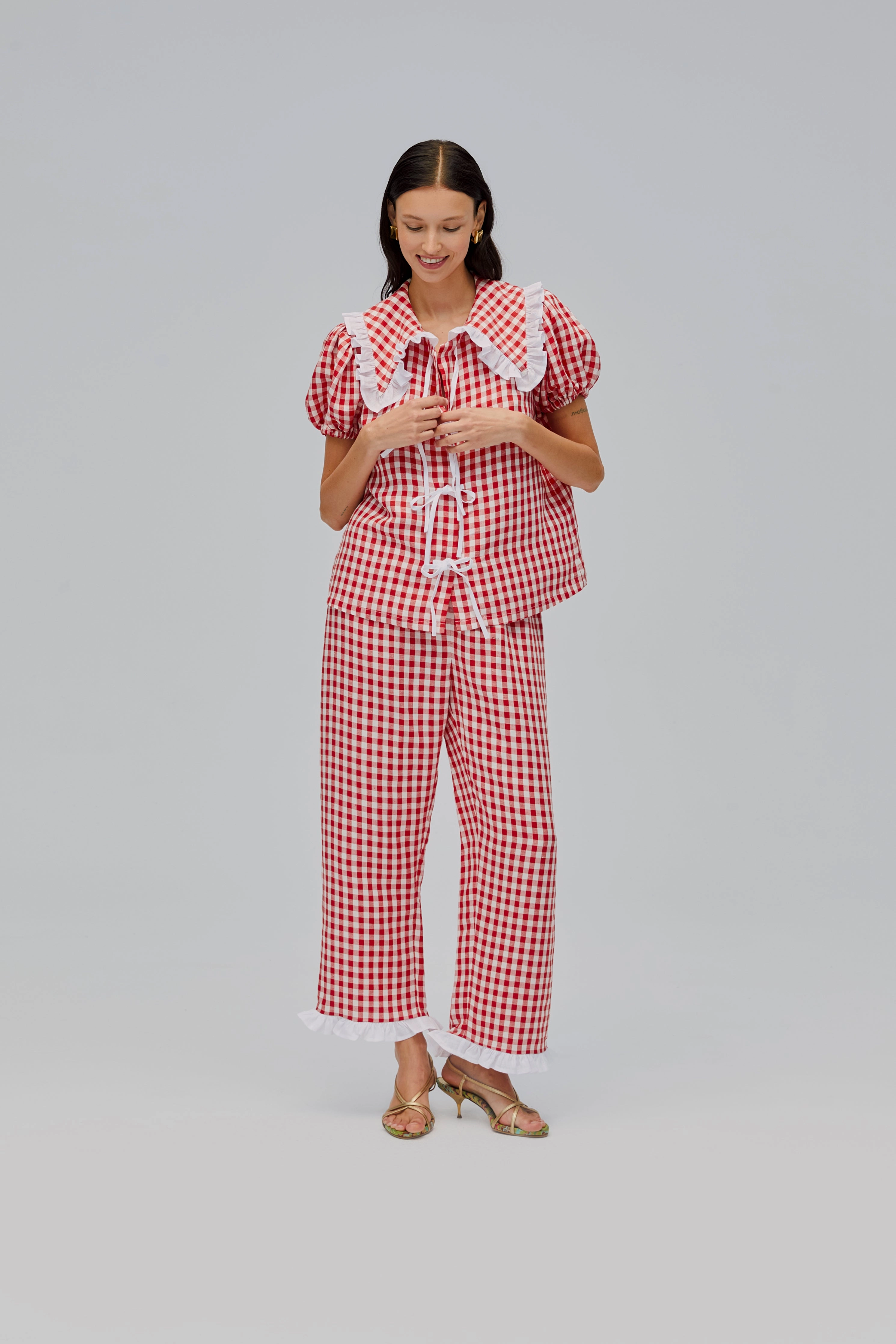 Puff Linen Lounge Pants in Red Vichy