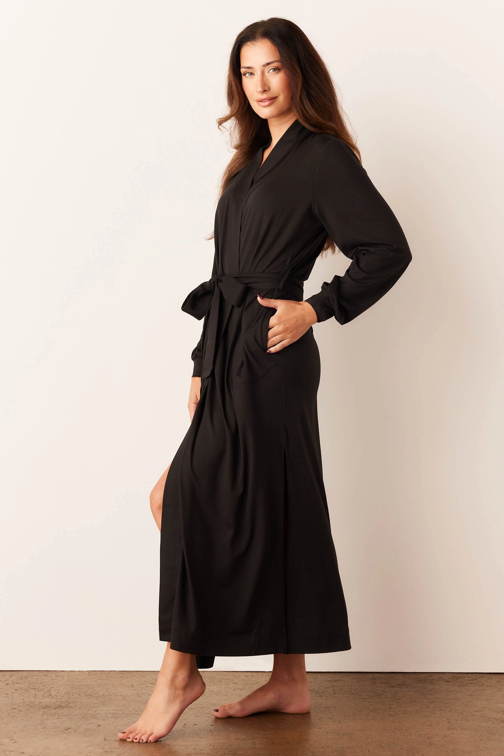 Skyler Banded Long Robe | Solid Black