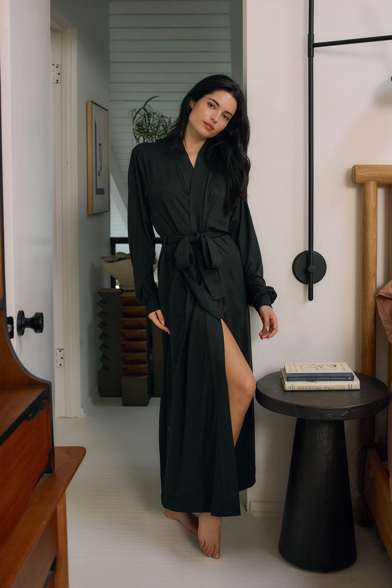 Skyler Banded Long Robe | Solid Black