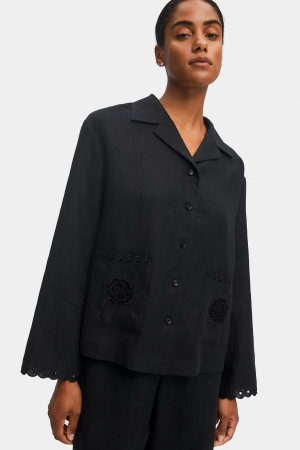 Sofia Linen Embroidered Shirt in Black