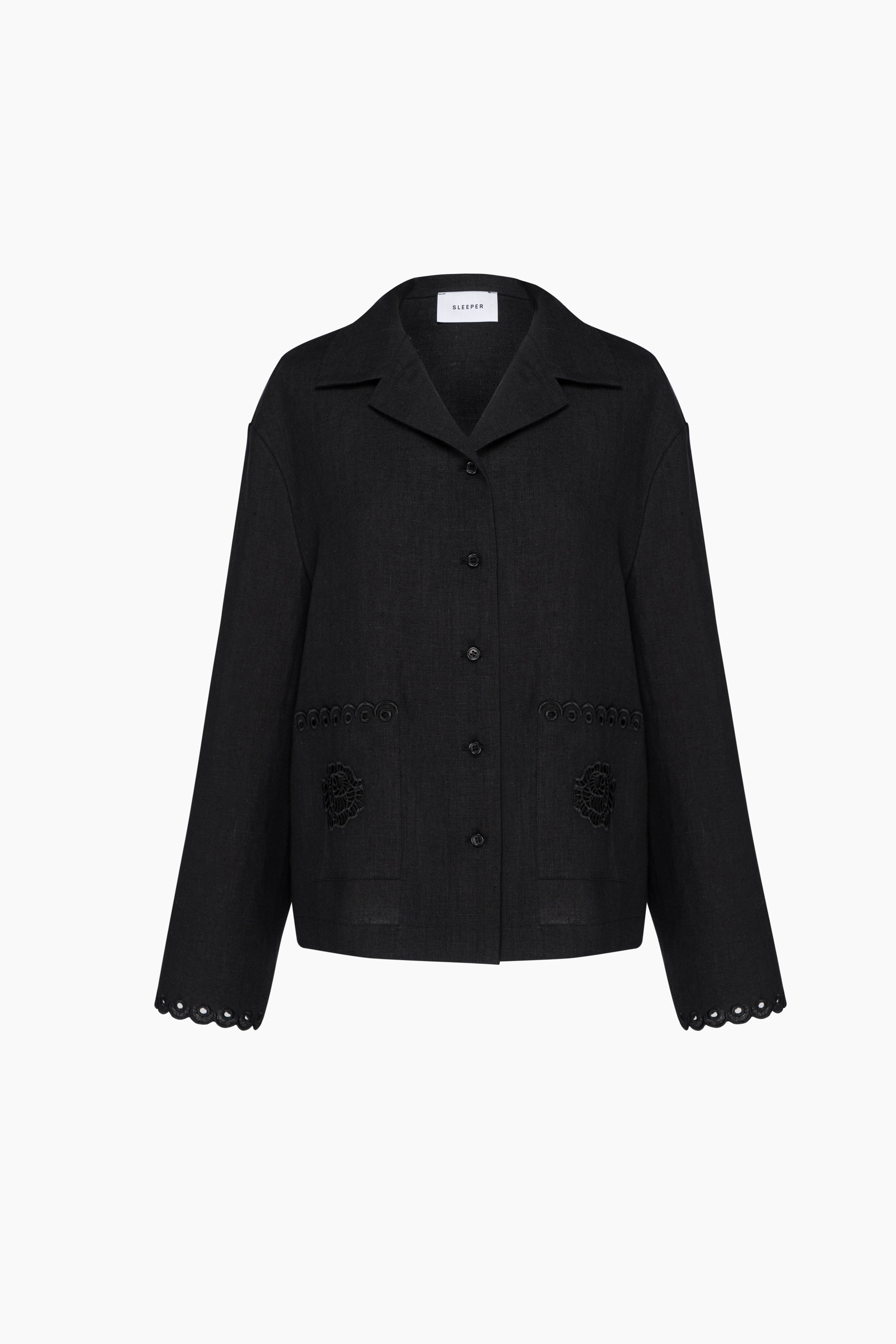 Sofia Linen Embroidered Shirt in Black