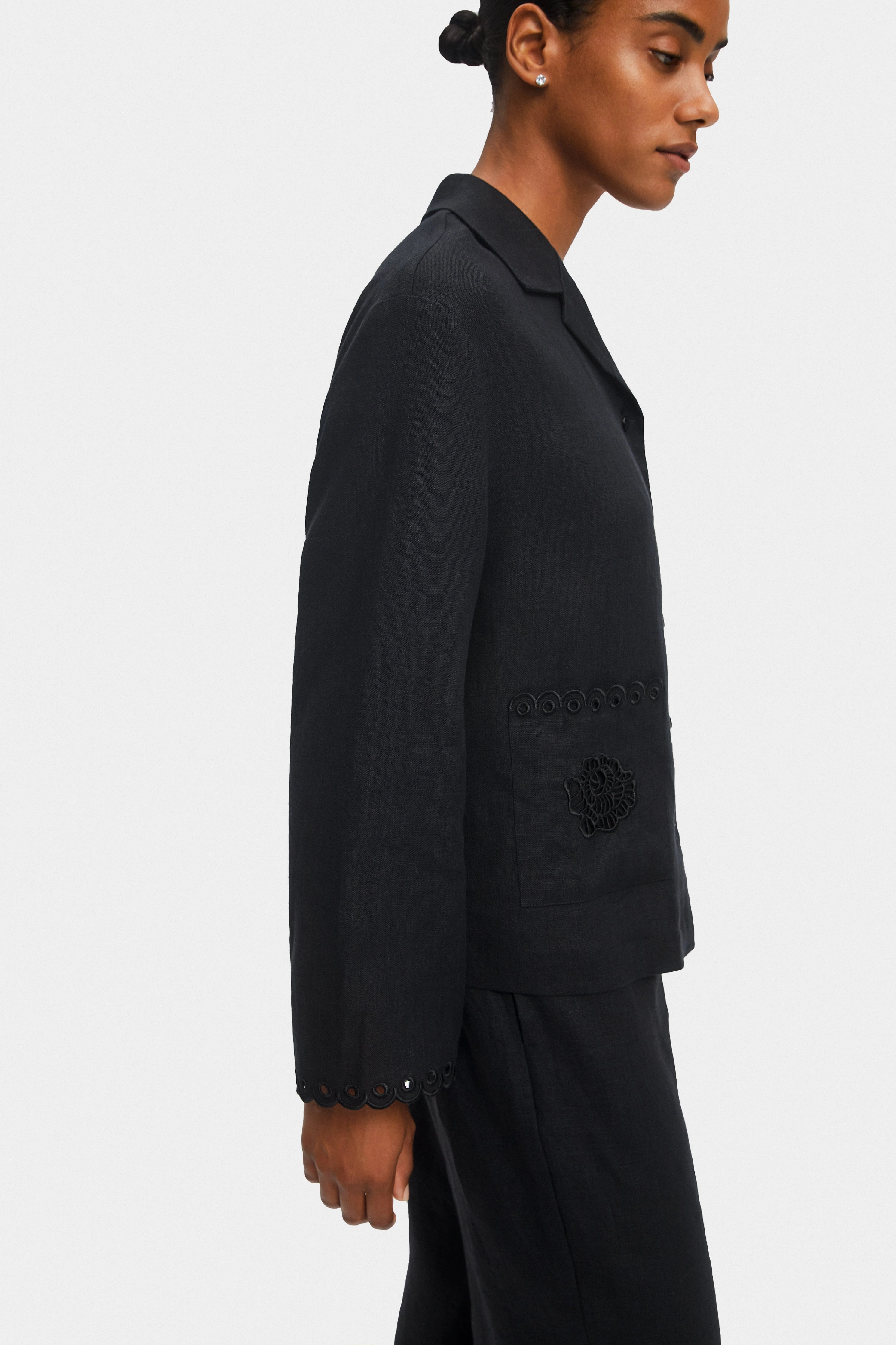 Sofia Linen Embroidered Shirt in Black