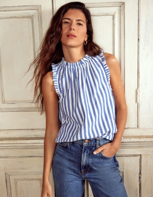 Sophie Ruffle Double Cloth Top-Bright Blue Stripe