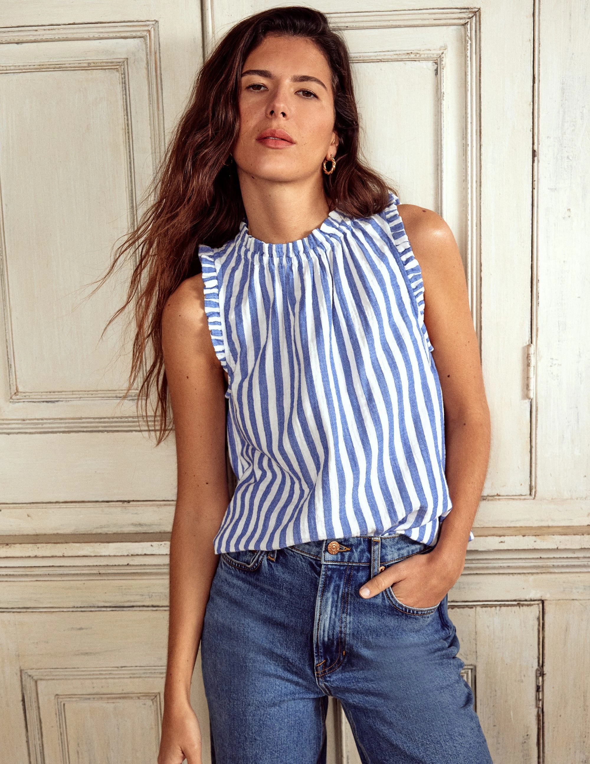 Sophie Ruffle Double Cloth Top-Bright Blue Stripe
