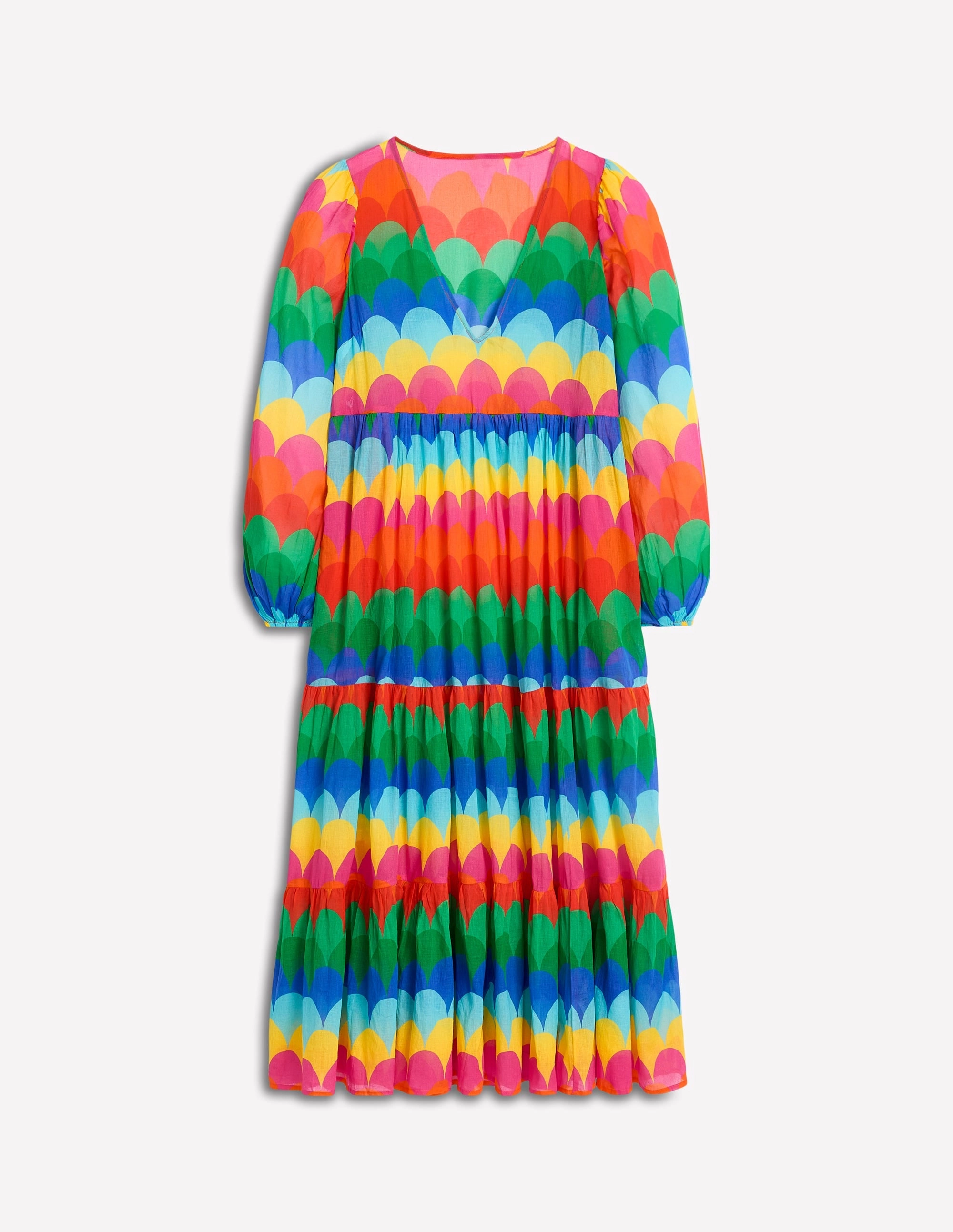 V-Neck Tiered Cotton Kaftan-Multi. Scallop Stripe